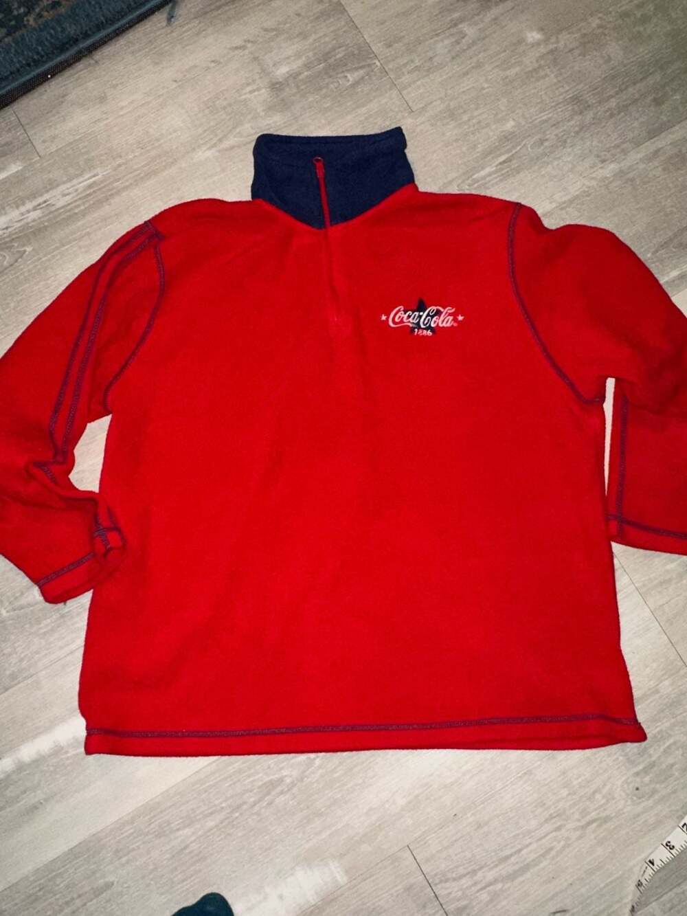 Vintage Coca-Cola Brand 1886 Red Blue 1/2 Zip Fleece Pullover Sweater Size L